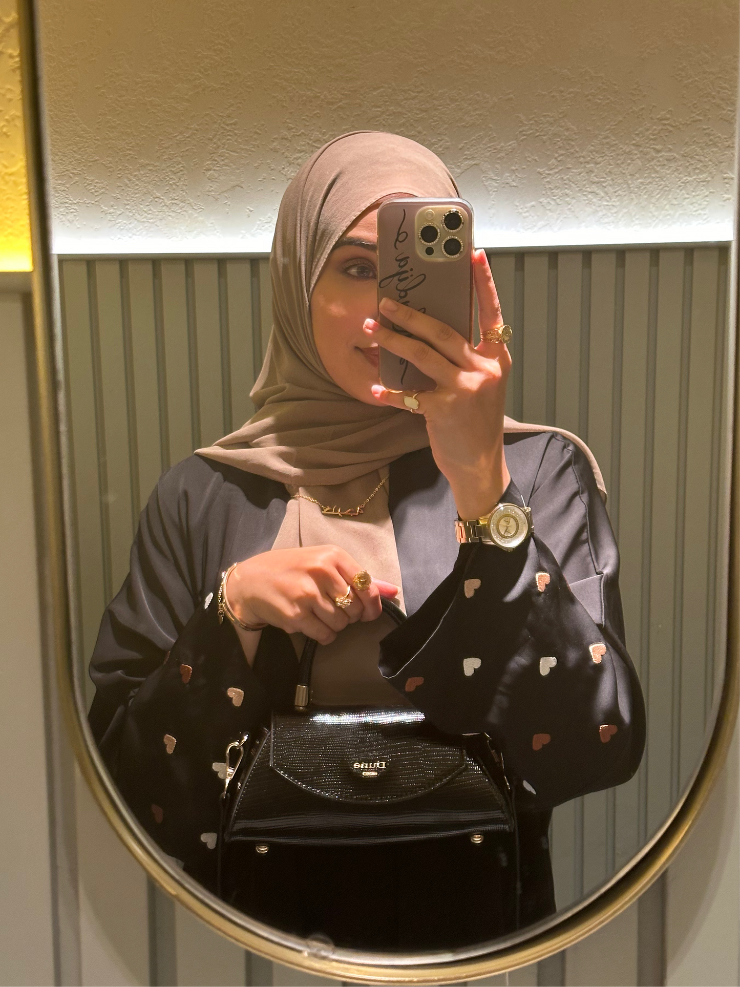 Aria Abaya in Black with brown heart embroidery