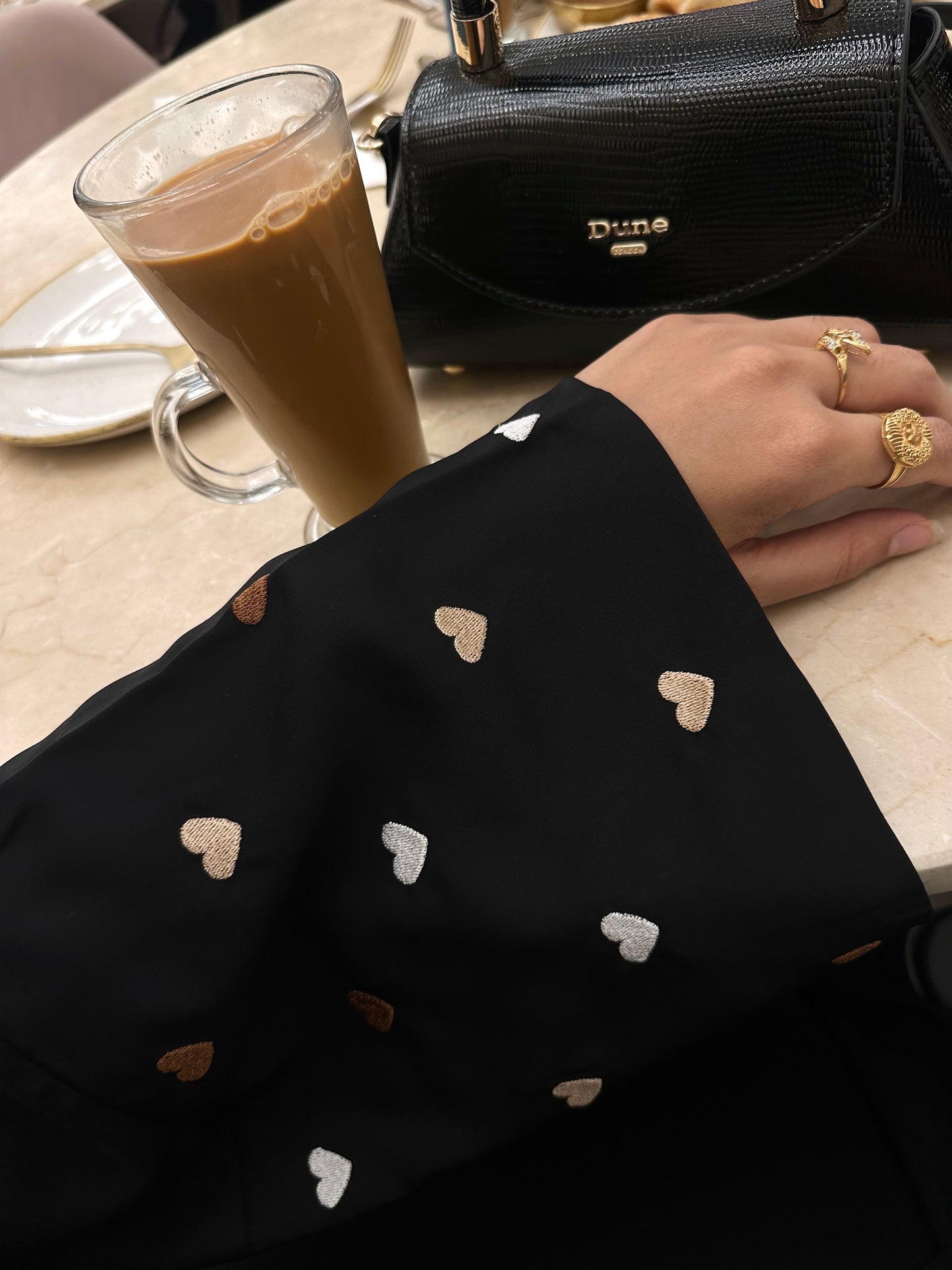 Aria Abaya in Black with brown heart embroidery