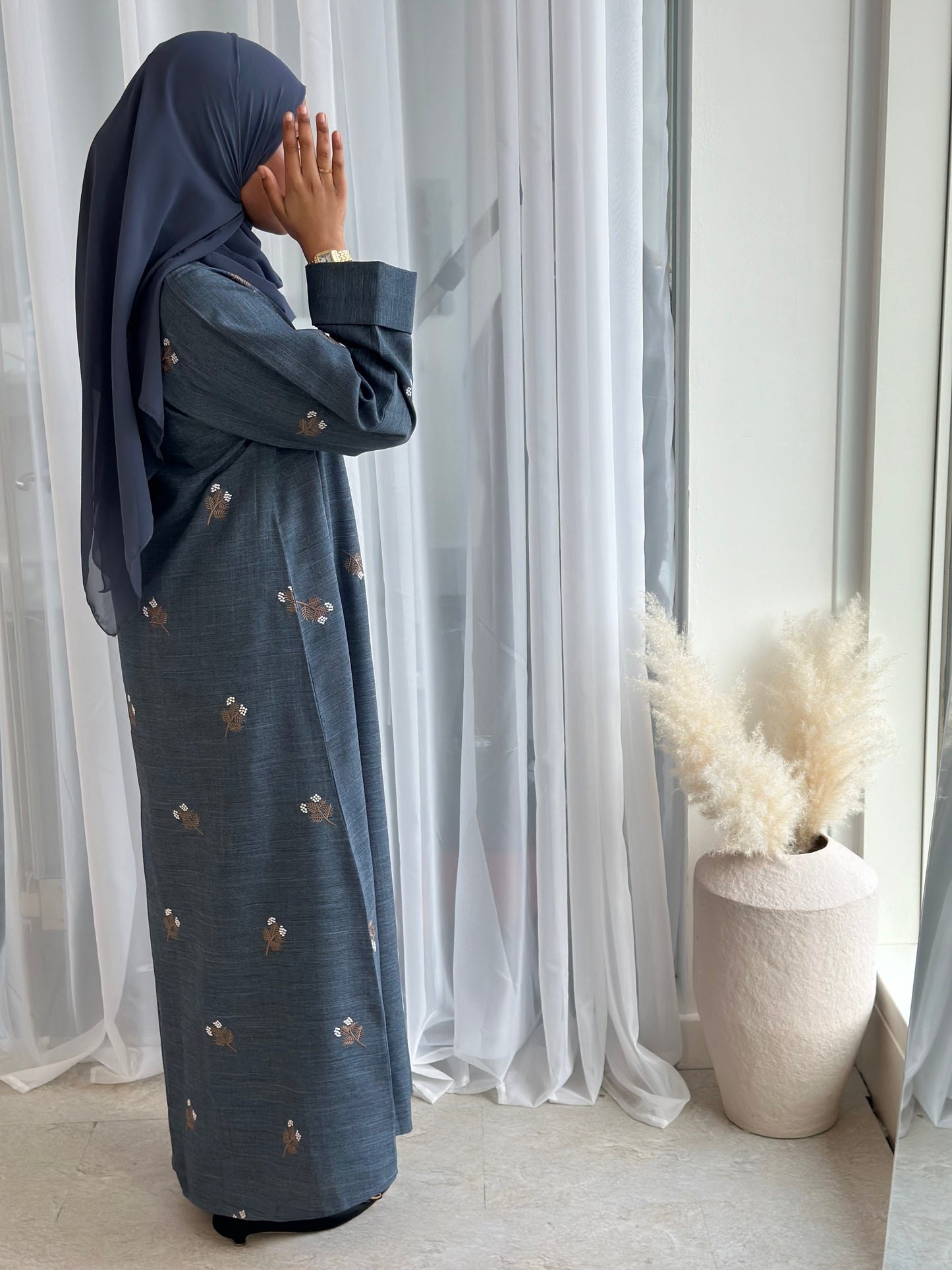 Steel Blue Floral Abaya