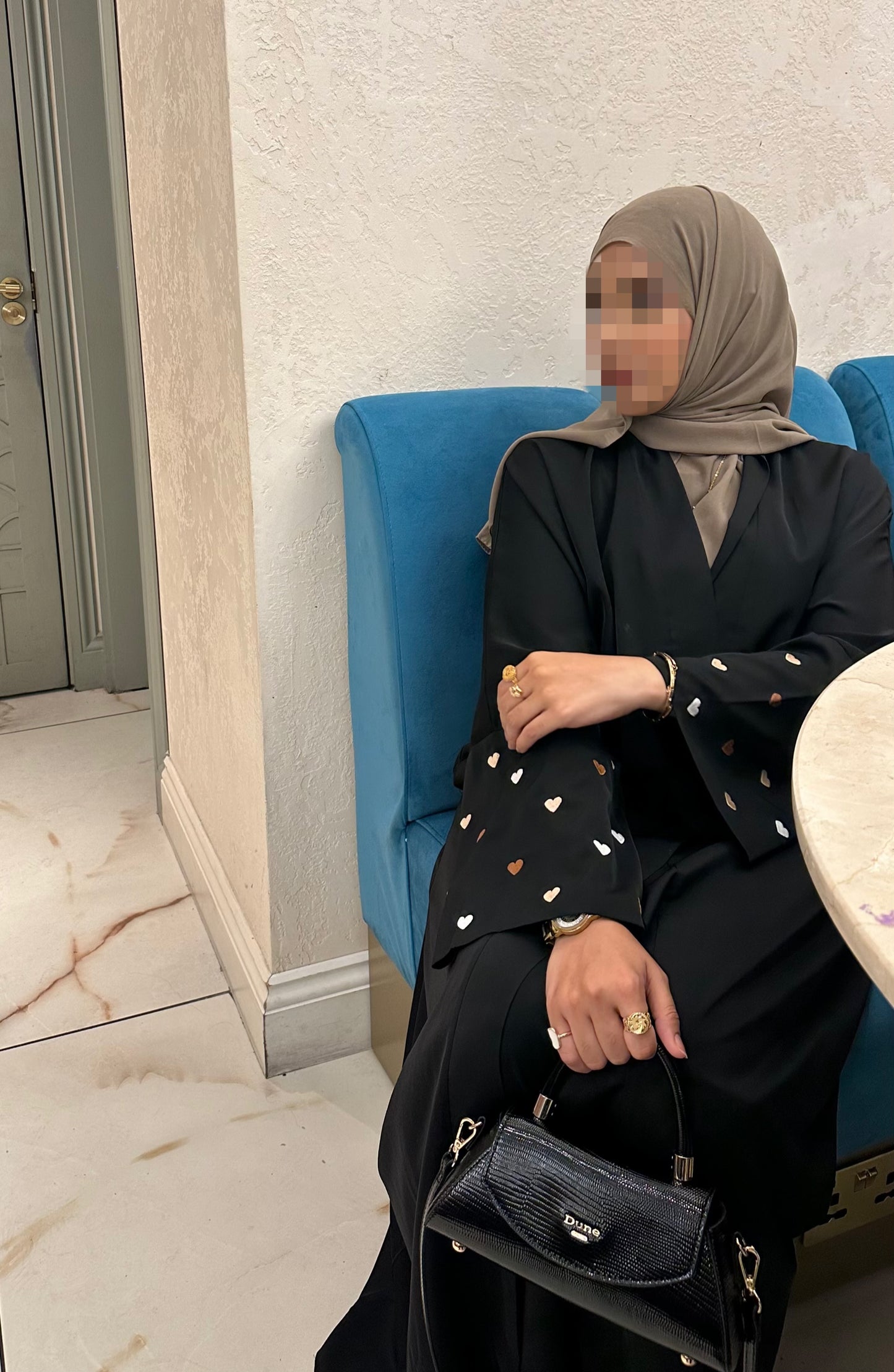 Aria Abaya in Black with brown heart embroidery