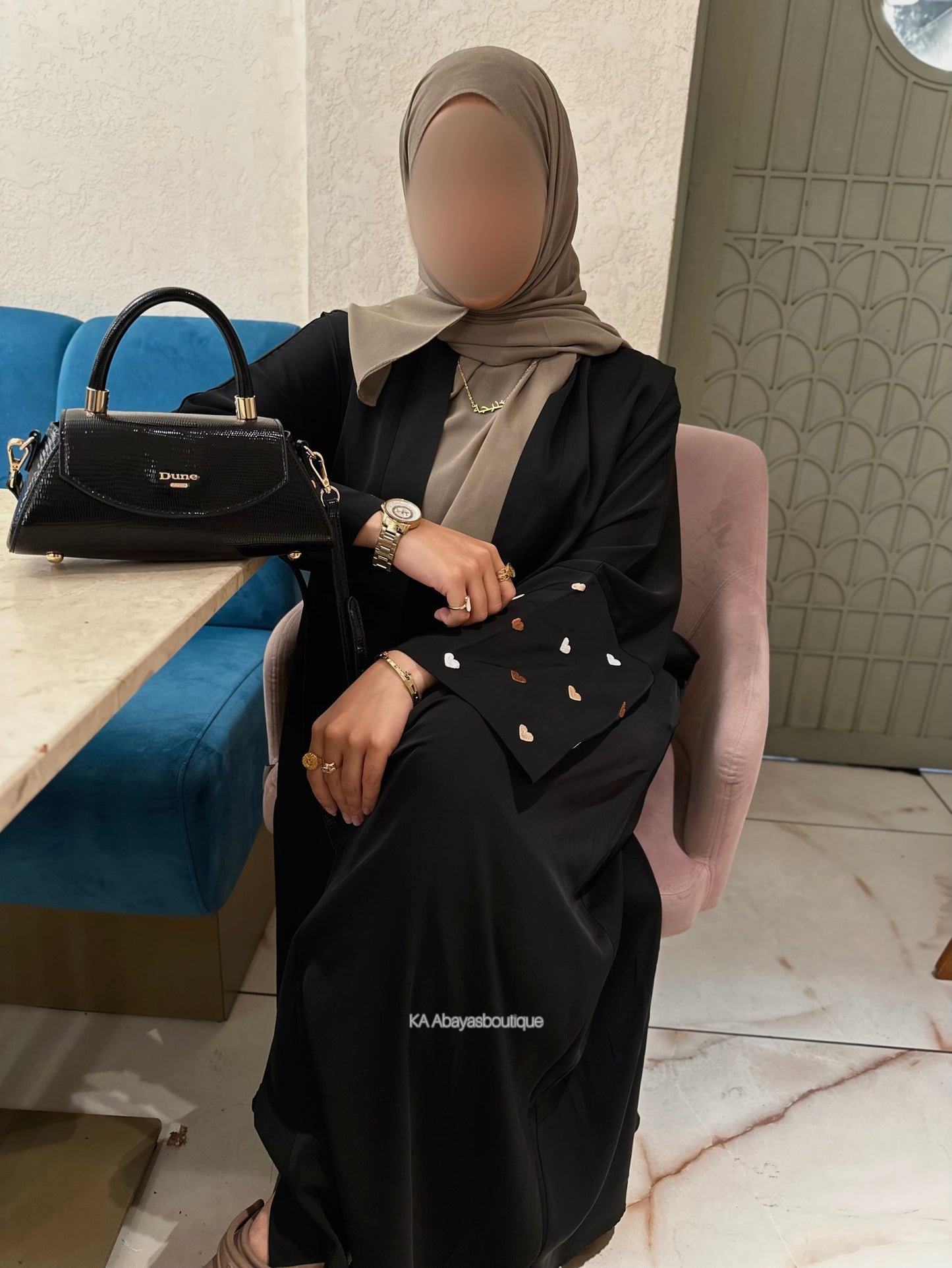 Aria Abaya in Black with brown heart embroidery