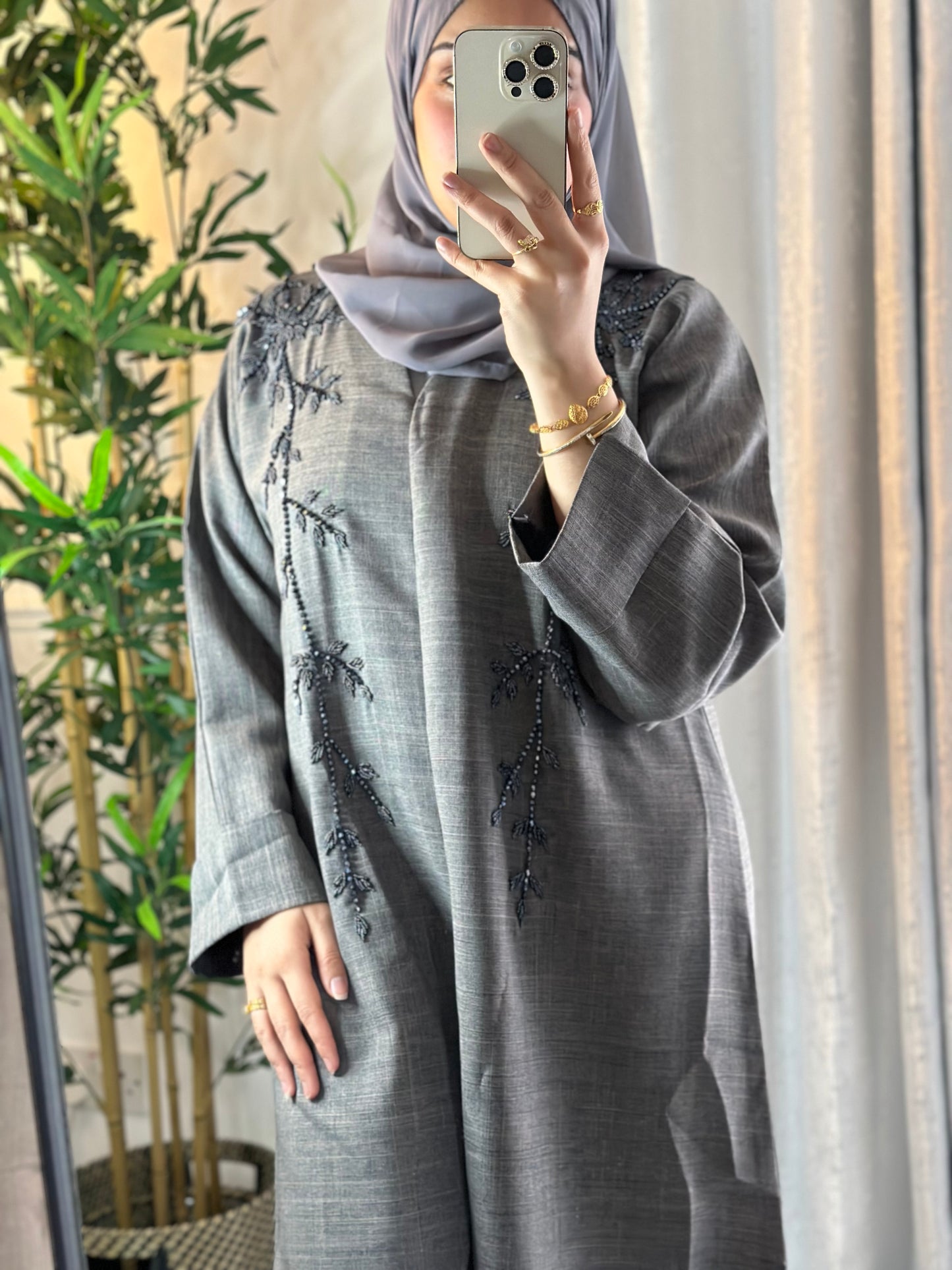 Linen Embelished Buttoned Abaya