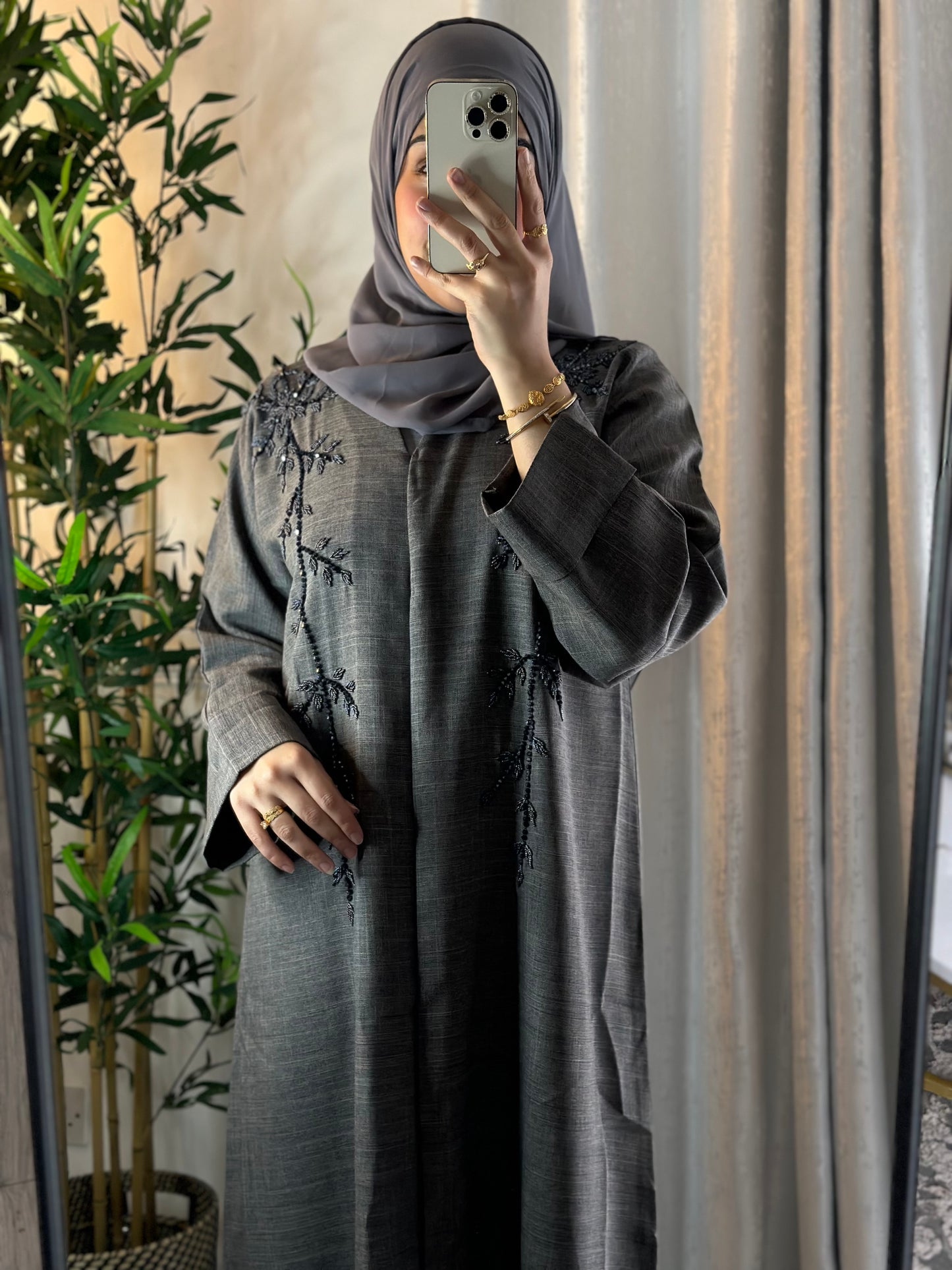 Linen Embelished Buttoned Abaya