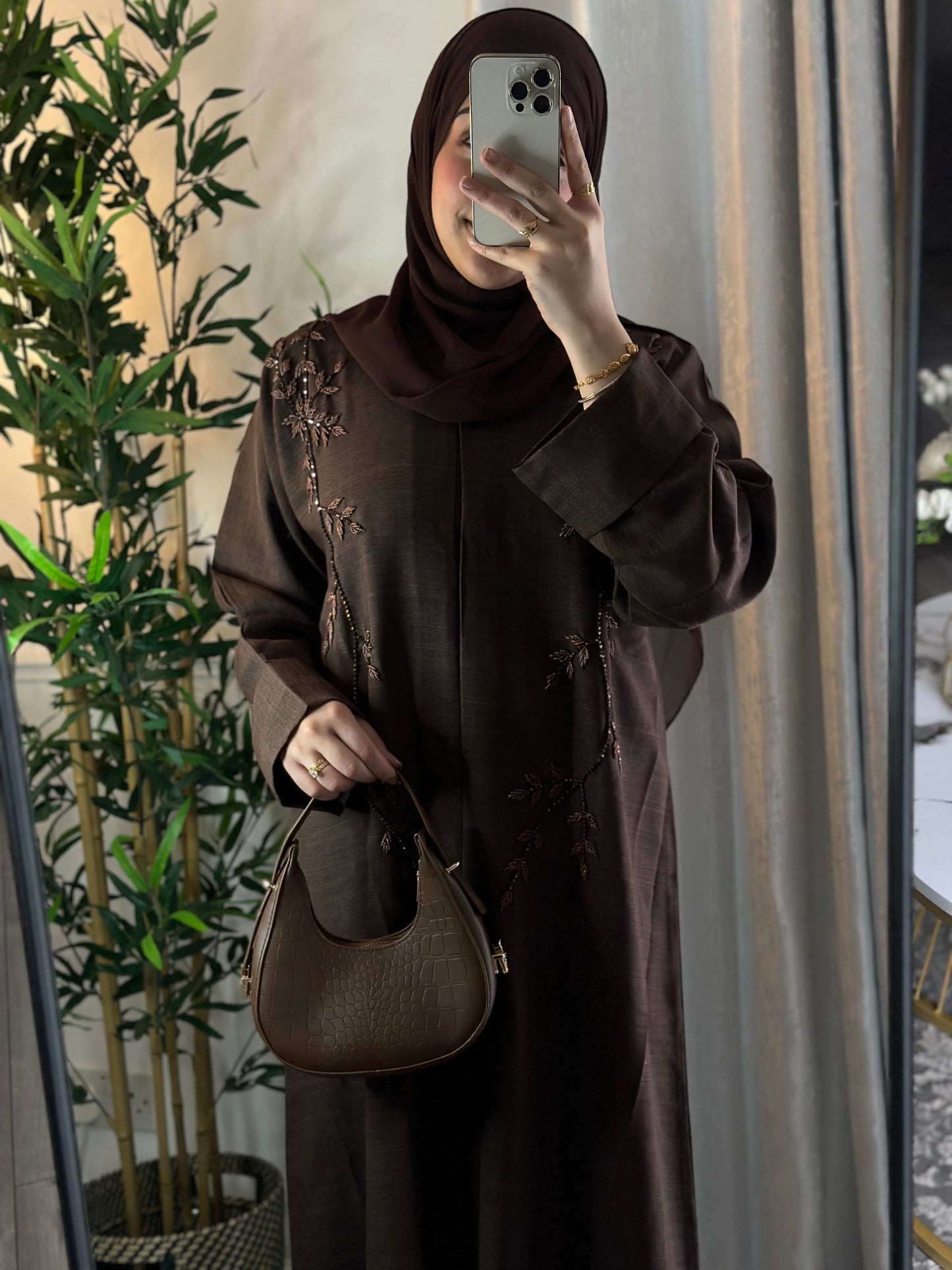 Linen Embelished Buttoned Abaya