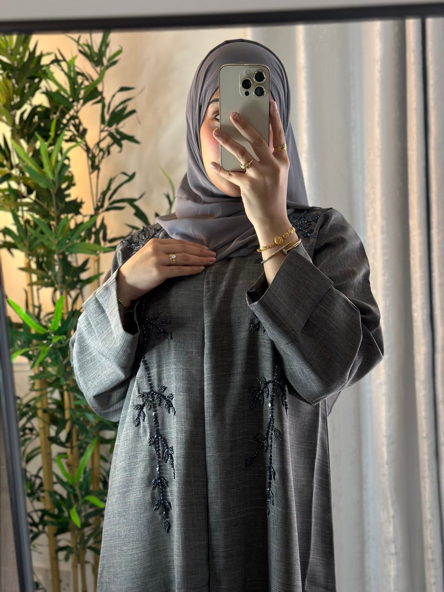 Linen Embelished Buttoned Abaya