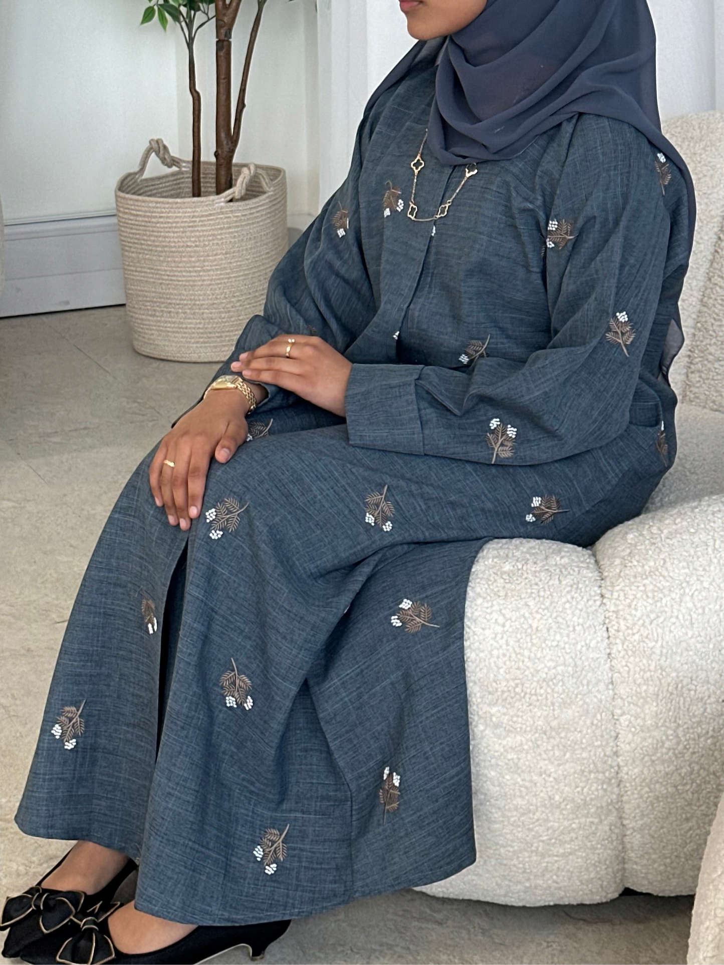 Steel Blue Floral Abaya