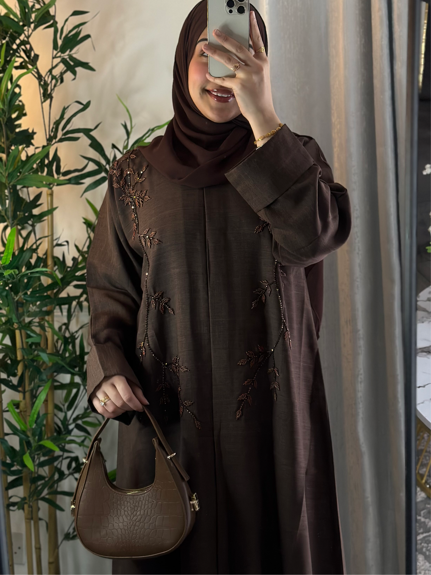 Linen Embelished Buttoned Abaya