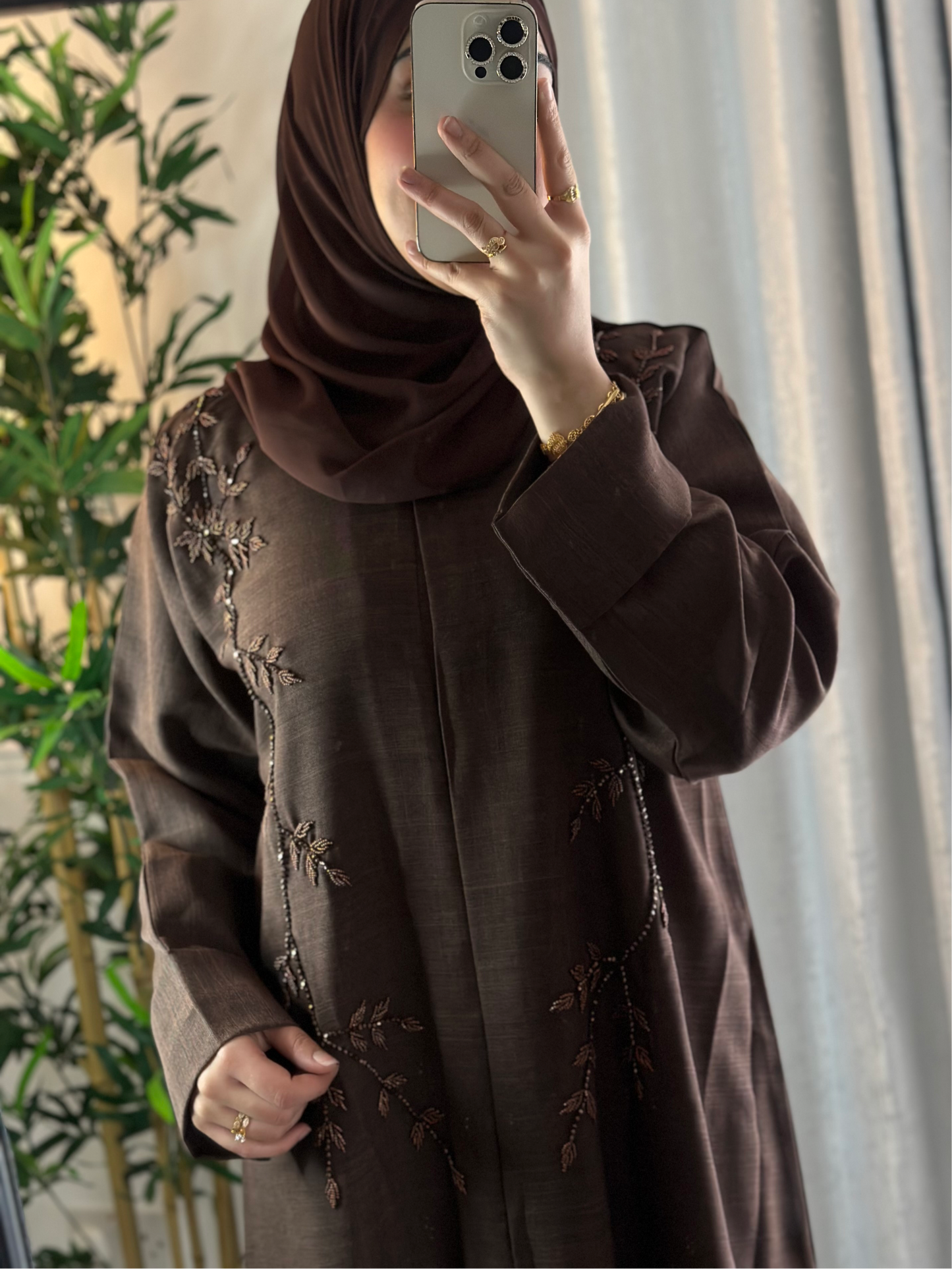 Linen Embelished Buttoned Abaya