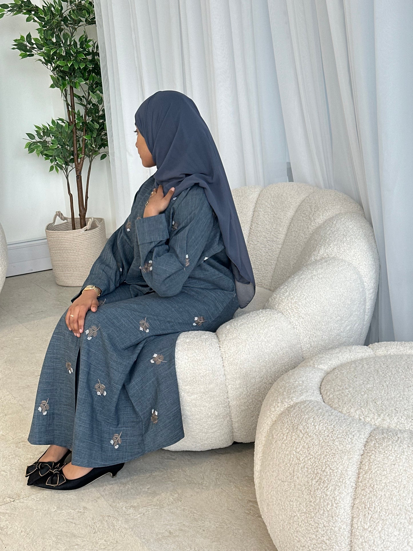 Steel Blue Floral Abaya