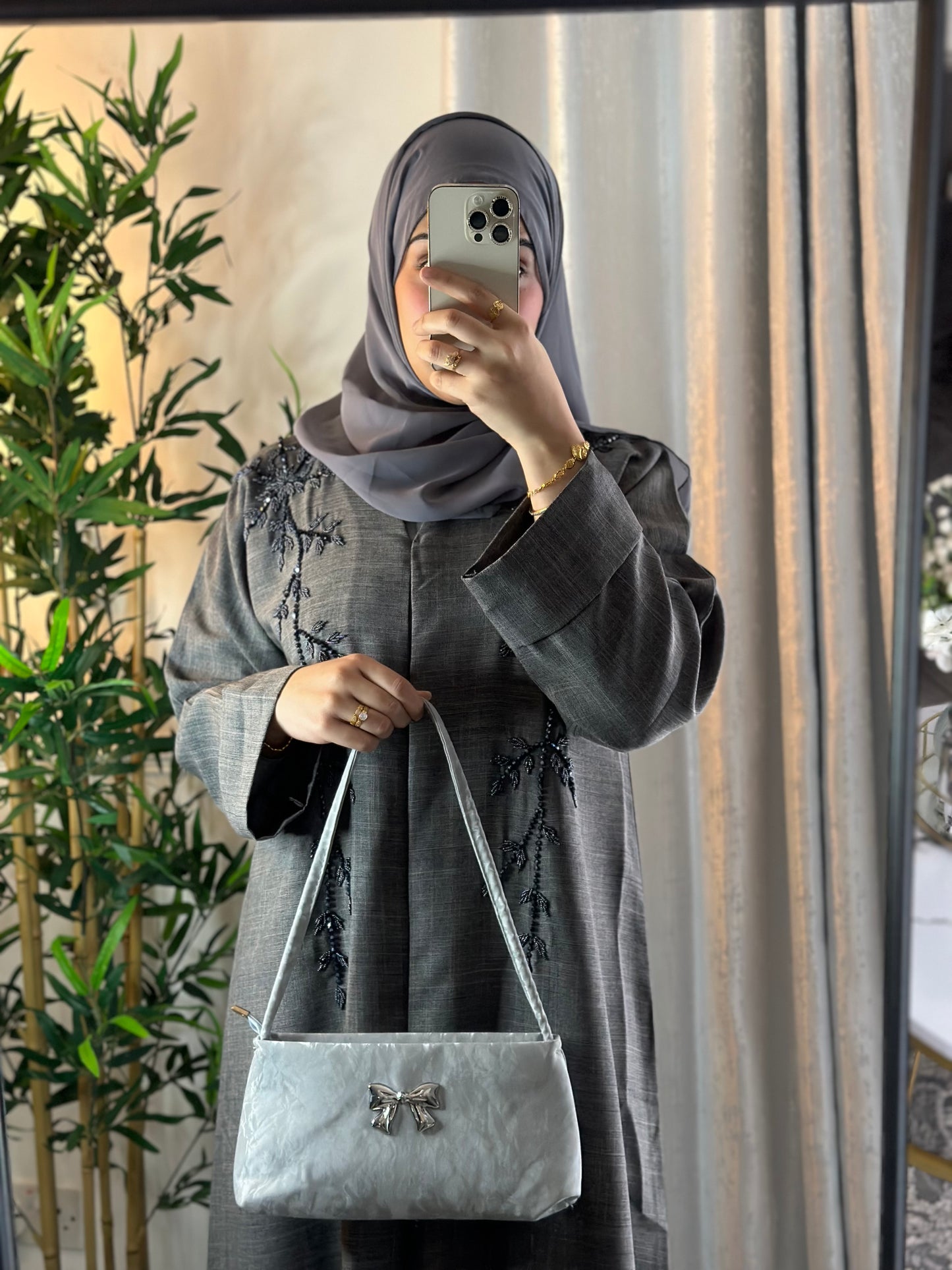 Linen Embelished Buttoned Abaya